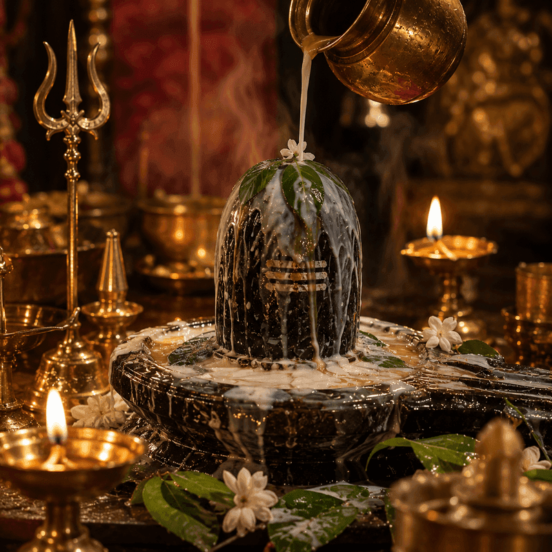 Sacred Vedic ritual — abhishek offering with diya, flowers and brass vessels